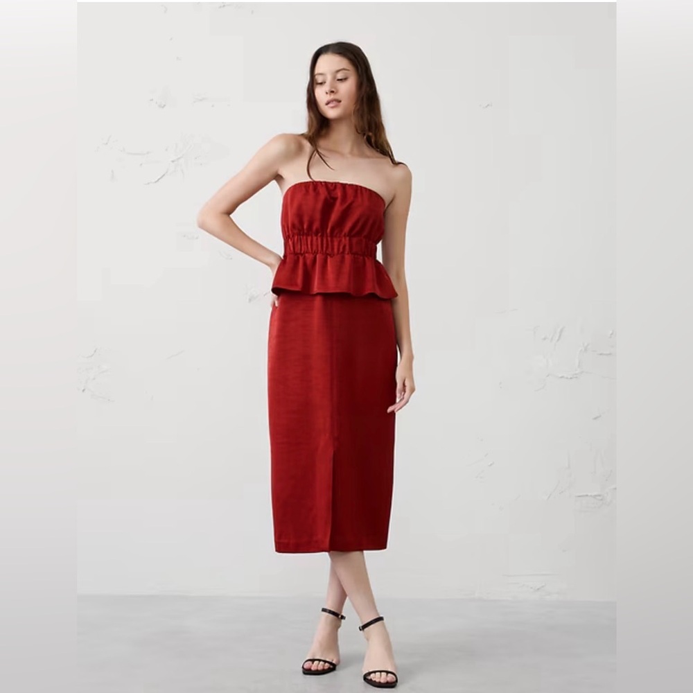 Banana republic STRAPLESS PEPLUM MIDI DRESS Color Embers Burt Orange Size 6 NWOT